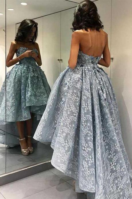 Sexy High-low Prom Dresses,Prom Dress 2018, Lace Prom Dress, Grey Prom Dresses, Sweetheart Prom Gown, Evening Dress 2018, Lace Formal Dresses, Prom Dress