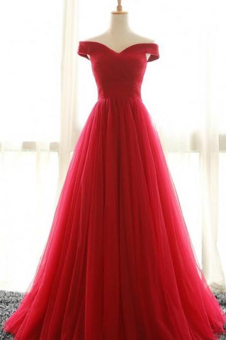 Off the Shoulder Prom Dresses, Tulle Prom Dress,Cheap Prom Dress,Red Prom Dress, A Line Evening Dresses, Pleated Prom Gown, Long Party Dresses, Red Formal Dresses