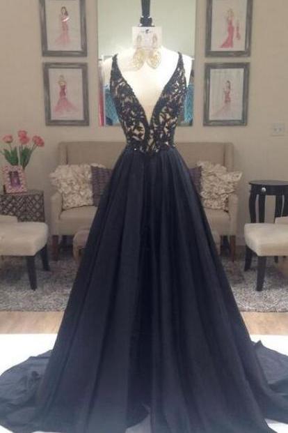 Sexy Beading Prom Dress, Lack Prom Dress, A Line Prom Dresses, Deep V-neck Prom Gown, Black Evening Dresses, Lace Formal Dresses, Sexy Party