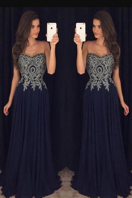 Navy Blue Prom Dress, Cheap Prom Dress, Sweetheart Prom Dresses, A Line Prom Gown, Beading Evening Dresses,Chiffon Party Dresses, Prom Dress