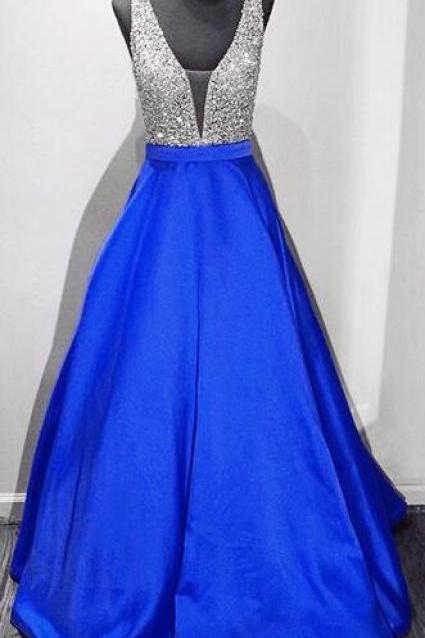 Hot Sales Royal Blue Prom Dress ,Deep V Neck Prom Dresses,Back V Evening Gowns,Beaded Long Ball Gown Party Dresses,Quinceanera Dresses,Formal Woman Dress