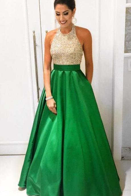 Champagne Green Skirt Prom Dresses, Halter Ball Gown Prom Dress ,Beaded Bodice Backless Prom Gowns With Pocket,Floor Length Open Back Evening Gowns,Quinceanera Dresses,Formal Woman Dress