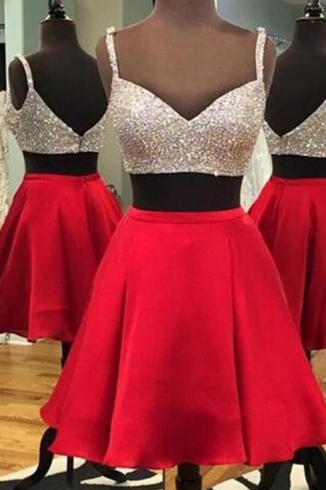 Red Satin Homecoming Dress,spaghetti Straps Short Prom Dresses,two Pieces Homecoming Dresses,2 Pieces Prom Dress,backless High Quality Formal