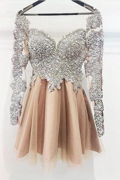 Silver Lace Beading Prom Dress, Short Homecoming Dress, Champagne Skirt Homecoming Dresses ,long Sleeves Mini Length Homecoming Dress ,short Prom