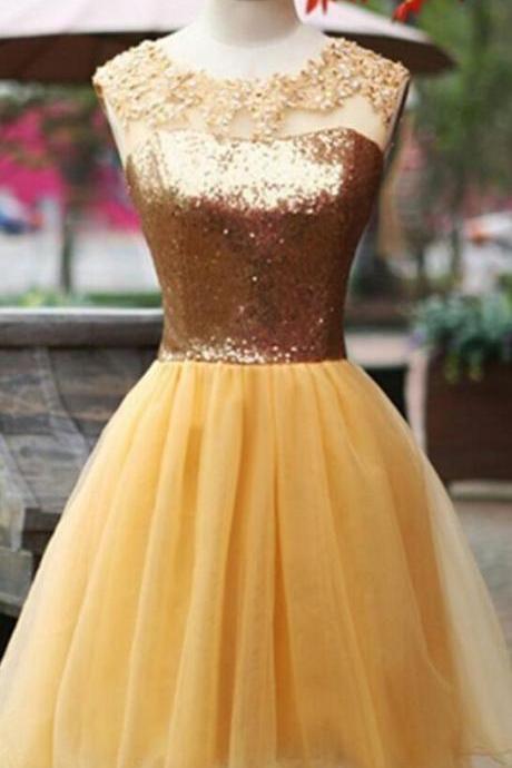 Gold Sequin Homecoming Dresses , Homecoming Dress, Short Homecoming Dress,gold Lace Short Prom Dresses,open Back Beaded Wedding Party Dress,