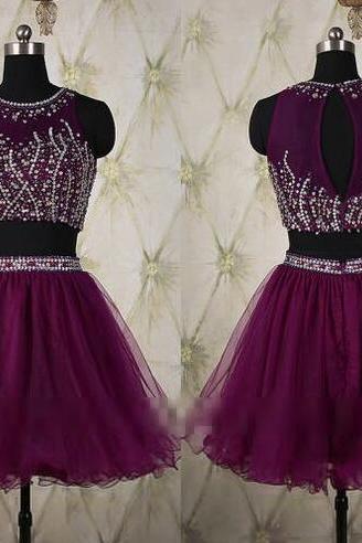 Grape Purple Prom Dress, Beading Homecoming Dress, Two Pieces Homecoming Dresses,High Neck Mid Section Short Homecoming Dresses,Rhinestones Crystals Bodice Short Prom Dresses ,Mini Length 2 Pieces Prom Dresses,Short Prom Gown