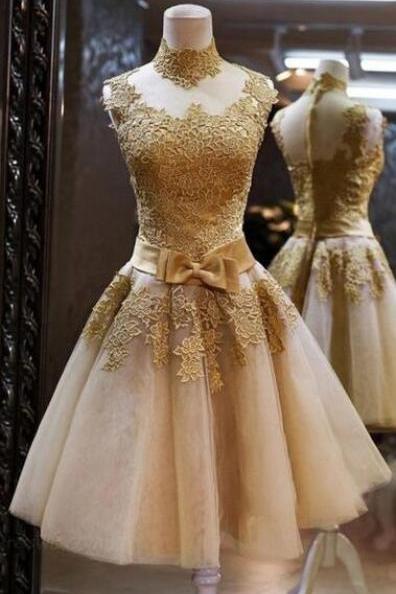 Short Homecoming Dresses,gold Lace Champagne Prom Dress,2018 Homecoming Dresses ,tulle Short Prom Dresses,bow Belt Wedding Party Dress,high Neck