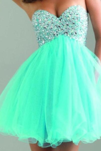 Short Homecoming Dresses ,Mint Tulle Homecoming Dress, Empire Waist Rhinestones Homecoming Dresses,Fluffy Skirt Short Prom Dresses Cocktail Dresses,Short Wedding Party Gowns For Sweet 16 Dresses