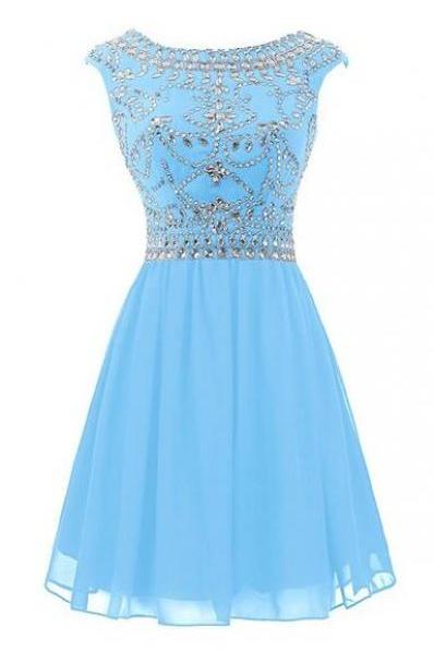 Short Prom Dress,short Homecoming Dresses,charming Light Blue Homecoming Dress, High Neck Back V Homecoming Dresses,beaded Crystals Backless