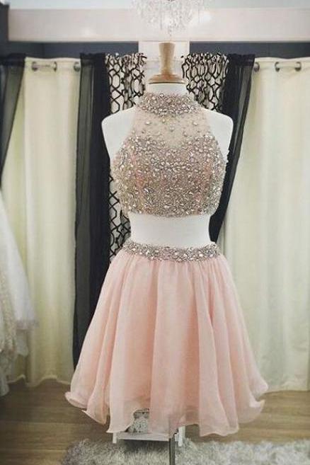 High Neck Skin Pink Homecoming Dresses,beaded Crystals Short Prom Dresses ,two Pieces Short Homecoming Dresses, 2 Pieces Prom Gowns,cocktail