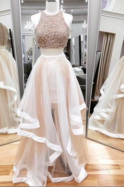 Two Pieces Prom Dresses,beading Prom Dress, High Low Skirt Long Prom Dresses,2 Pieces Tiered Evening Dress,wedding Party Gown For Sweet 16