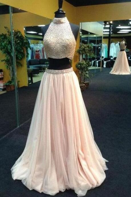 Pearls Prom Dresses,high Neck Beaded Long Prom Dresses,2 Pieces Evening Dress,wedding Party Gown For Sweet 16 Dresses,graduation Dresses 2018