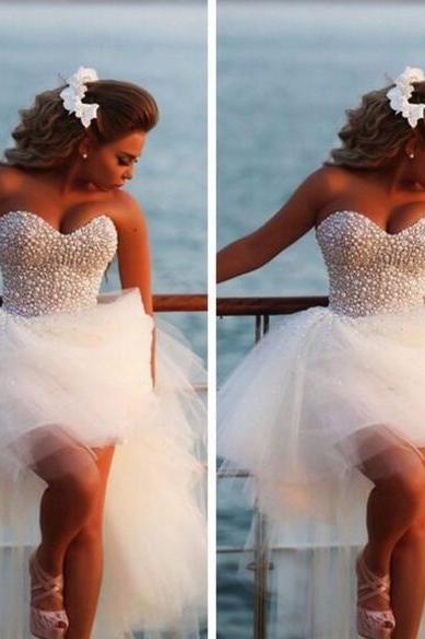 Heavy Pearls Short Wedding Dress,High Low White Prom Dress, A Line Sweetheart Front Short Long Back Wedding Gowns, Bridal Wedding Dresses, Fashion Prom Dress