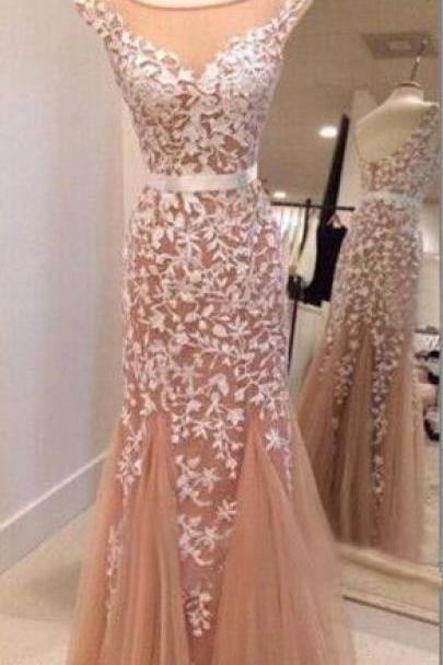long trumpet prom dress online, Hot sales white lace mermaid prom dress, blush pink prom dress,cap sleeves evening dress,mermaid evening gown,prom gown