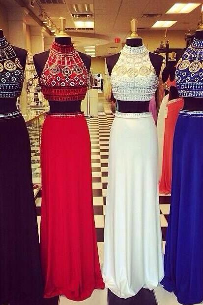 High Neck Crystal Diamond Two Pieces Prom Dress, Black Chiffon Long Prom Dress,Mid Section Red Prom Dress,Bodice Royal Blue Prom Dresses,White Evening Dress
