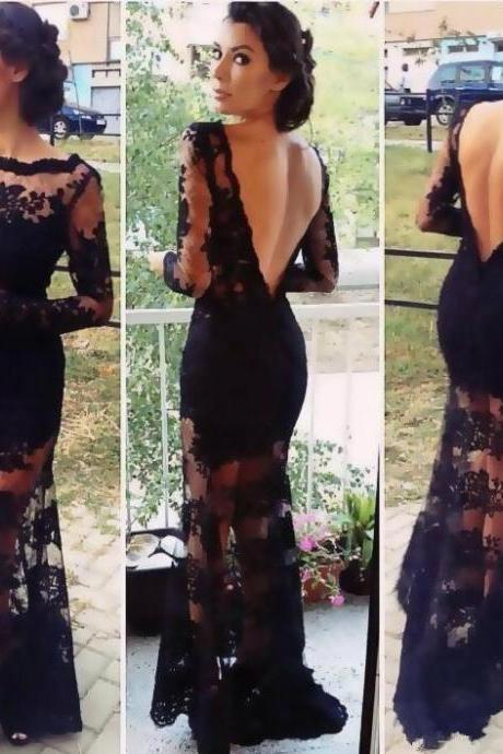 Open Back Mermaid Long Prom Dress, High Neck Hot Sales Black Lace Prom Dress,Long Evening Dress, Trumpet Long Sleeves Evening Prom Dresses, See Through Evening Gown,Prom Dress 2015, Wedding Party Dress