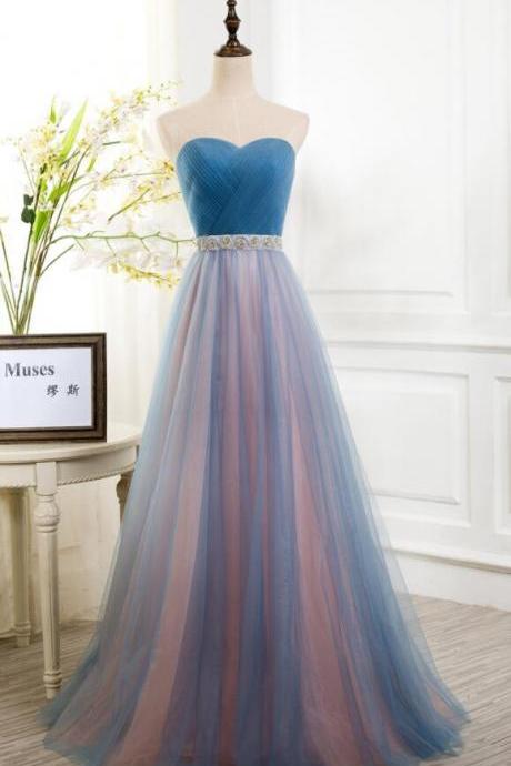 Blue Peach Tulle Strapless Prom Dresses, Cheap Prom Dress, Long Bridesmaid Dress, Pleated Sexy Party Formal Gown, A Line Prom Dress with Beads Sashes, Prom Dress