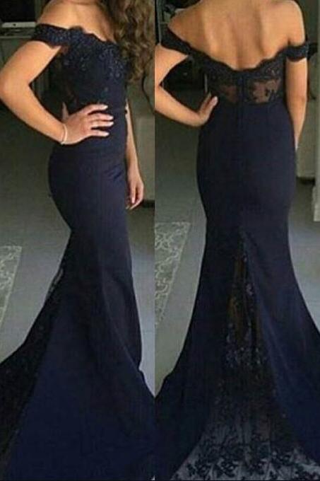 Navy Blue Prom Dresses, Cheap Prom Dress, Lace Prom Dress, Mermaid Prom Dresses, Sexy Evening Dress, Off the Shoulder Prom Dresses, Sexy Party Dresses