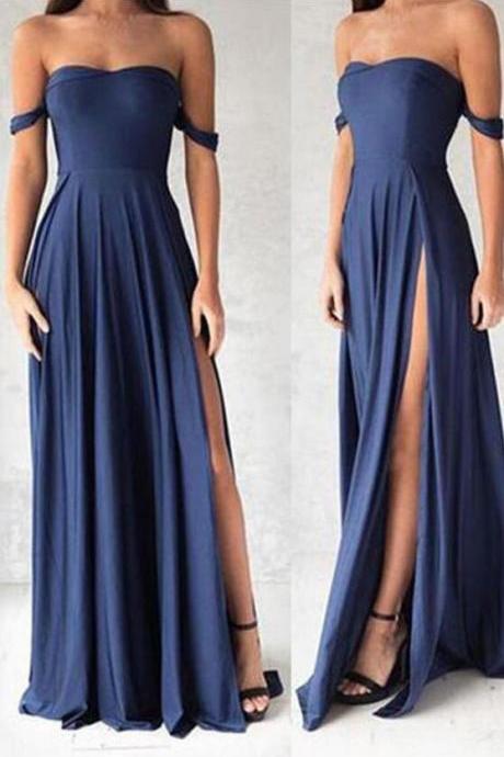 Off The Shoulder Sexy Prom Dresses, Navy Blue Prom Dress,Cheap Prom Dress,Long Formal Gown With High Slit,Simple Prom Dress,Chiffon Prom Dresses, Prom Dress