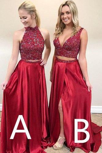 Two Piece Prom Dress, Seniors Prom Dress, Sexy Prom Dress,Cheap Beading Prom Gown,Burgundy Prom Dresses,Long Prom Dress,Red Party Dress, Prom Dress for Girls