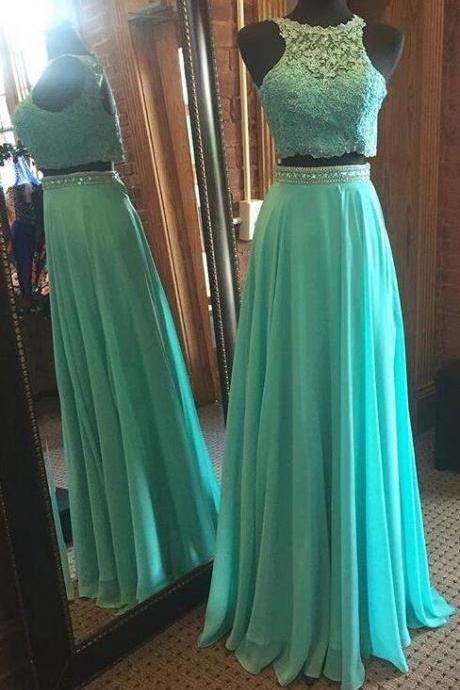 Two Piece Mint Green Prom Dresses, Chiffon Prom Dress, Keyhole Back Formal Gown, Sexy Prom Dress,Long Evening Dress, Lace Evening Dresses,A Line Prom Gown