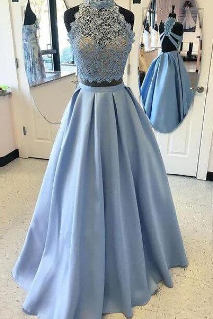 Two Pieces Prom Dresses, Blue Lace Long Prom Dress, Sexy Prom Dress, A-line Prom Dress, Backless Prom Party Dress, Sexy Evening Dress, 2 Pieces
