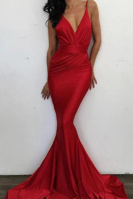 V Neck Mermaid Prom Dress,Long Prom Dress, Red Evening Dress, Cheap prom Dress, Sexy Party Dress, Backless Prom Evening Dress, Woman Formal Dresses