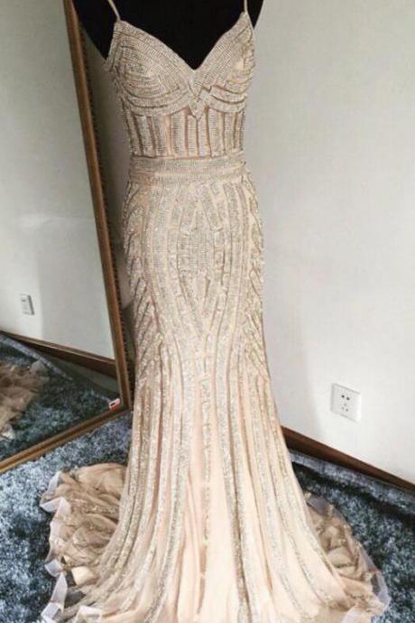 Champagne Prom Dress,sexy Prom Dress,mermaid Prom Dress,sexy Evening Dress,gold Beading Dress,prom Dress 2018,luxury Prom Gowns,long Party