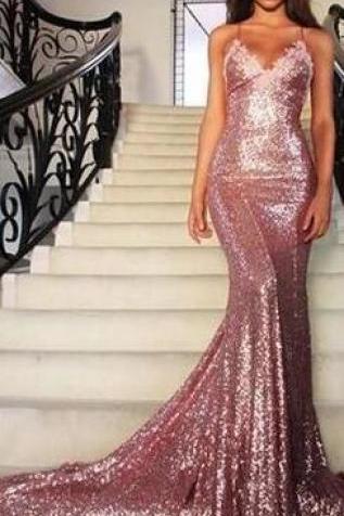 Spaghetti Straps Prom Dress,Backless Prom Gown,Trumpet/Mermaid Prom Dresses,Sequins Prom Dresses 2018,Sexy Party Dresses,Formal Evening Dresses