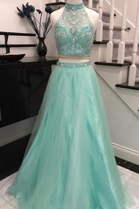 Two Pieces Evening Dress,Backless Prom Dresses,Beaded Prom Dress,Two Pieces Prom Dress,High-neck Prom Dresses,Long Prom Gown,Long Party Dress