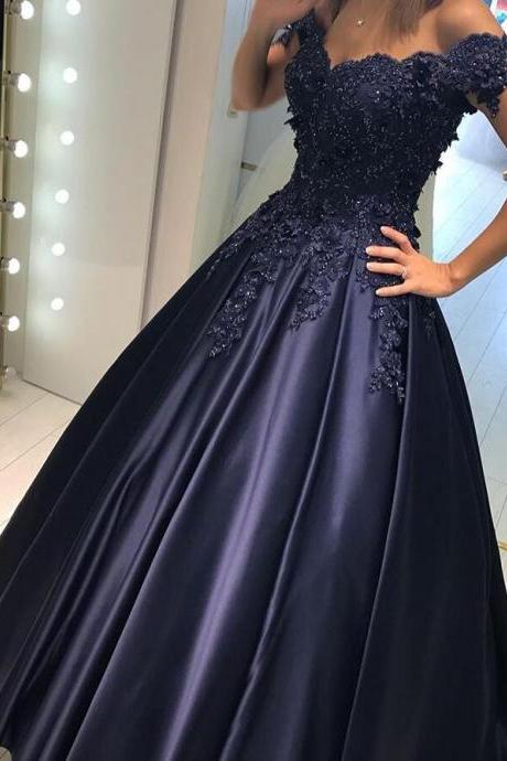 Lace Prom Dress, Ball Gown Prom Dresses,Off-the-shoulder Prom Dresses,A-line Prom Dress,Satin Sweep Train Prom Dress, Appliques Beading Prom Gown
