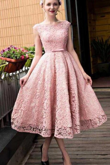 Scoop Neck Homecoming Dresses,A Line Homecoming Dress, Lace Homecoming Dresses,Tea-length Homecoming Dress, Pink Homecoming Dresses, Short Prom Dresses,Cute Homecoming Dress,Short Homecoming Dress