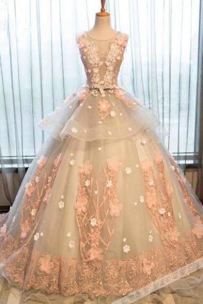 Organza Prom Dresses,champagne Quinceanera Dresses,ball Gown Prom Dress,long Party Dress, Lace Applique Round Neck Prom Dress,ball Gown Dress For