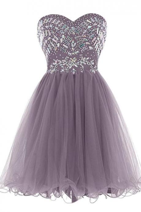Purple Beaded Embellished Sweetheart Short Tulle Homecoming Dress, Formal Dress