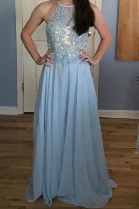 Backless Princess Prom Dresses,A-Line Prom Dress,,Scoop Neck Prom Gown, Floor-Length Prom Dresses,Chiffon Prom Dress, Lace Prom Dresses,Prom Dress,Sky Blue Prom Dresses