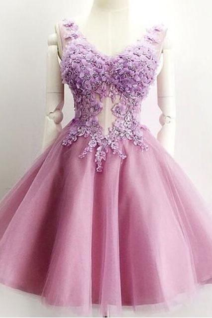 Pretty Lilac Homecoming Dresses,sexy Prom Dress,tulle Homecoming Dress With Appliques, V-neck Homecoming Dresses,short Hoco Dresses,short