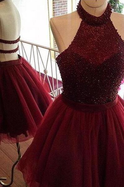 Sexy Burgundy homecoming dress,Tulle Prom Dress,halter party dress,a line homecoming dress,beading homecoming dresses,short prom dress,women homecoming dresses,short homecoming dress,homecoming dress