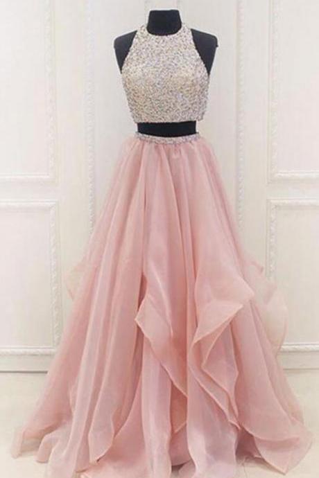 Custom Made Sequin Embellished Two-piece Sleeveless Tulle Formal Dress, Evening Dress , Bridesmaid Dresses, Weddings, Prom Dresses