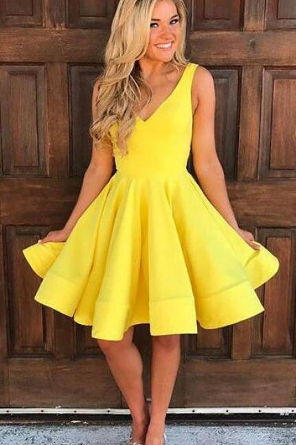 V Neck Homecoming Dress,Simple Stain Homecoming Dress,Cute Homecoming Dress,Yellow Homecoming Dresses,Sleeveless Homecoming Dress,Short Prom Dresses,A Line Party Dresses,Homecoming Dress