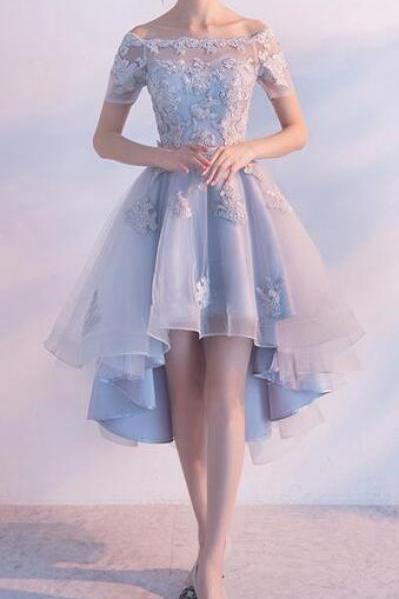 off shoulder Homecoming dresses,Blue Prom Dress,high low bridesmaid dress,lace prom dress,short bridesmaid dress,Sweet 16 Dress,Short Homecoming Dresses,Homecoming Dress,bridesmaid dress