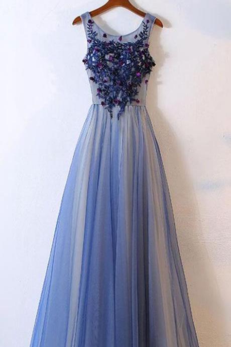 Blue Tulle Prom Dress,Cheap Prom Dress,Round neck Prom Dress,long prom dress, tulle evening dresses,Appliqued Prom Dresses,A Line Prom Gown,Prom Dress