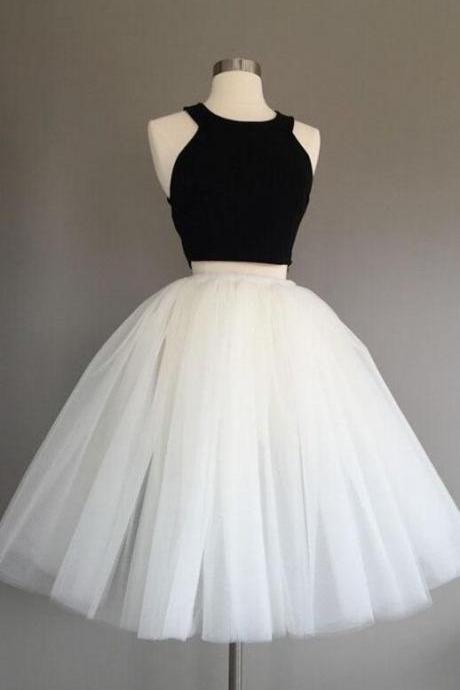 Halter Two Piece Homecoming Dresses,Cheap Knee-Length Homecoming Dress,Short Homecoming Dress,Sleeveless Homecoming Dress,Black Ivory Homecoming Dresses,Tulle Homecoming Dress