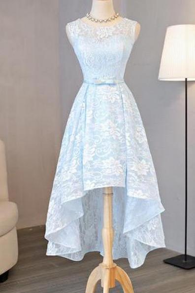 Sexy Cheap Homecoming Dress,Light Blue Lace Homecoming Dress,Round Neck Prom Dresses,High Low Homecoming Dresses,Halter Prom Dress, Bow Homecoming Dress,Short Prom Dress