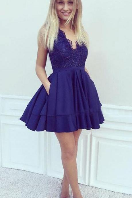 Sexy Lace Homecoming Dress,Cheap A-Line Homecoming Dress,V-Neck Prom Dresses,Dark Blue Homecoming Dresses,Satin Homecoming Dress,Short Homecoming Dress,Lace Homecoming Dresses,Beading Homecoming Dress With Pockets