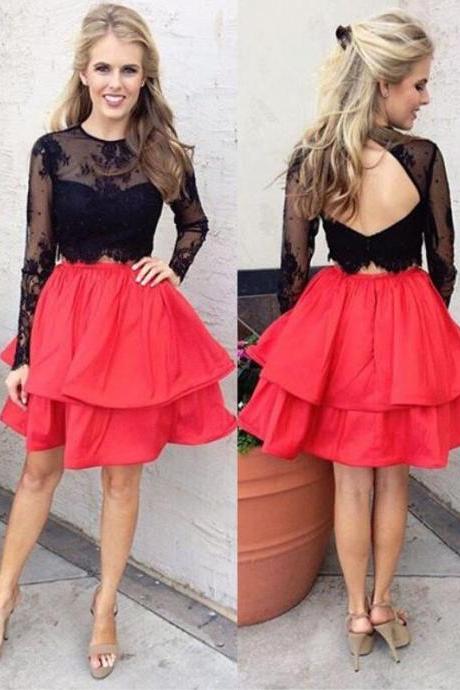 A-Line Homecoming Dress,Cheap Jewel Prom Dresses,Long Sleeves Homecoming Dresses,Open Back Prom Dress,Short Homecoming Dress,Lace Homecoming Dress,Red Homecoming Dresses