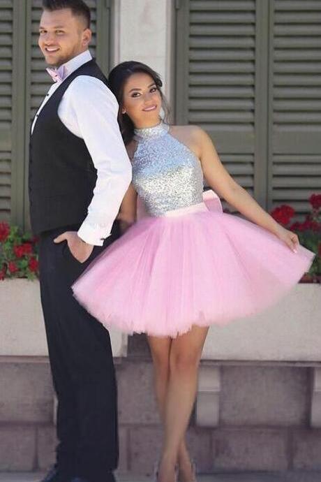 Pink Homecoming Dress,tulle Homecoming Dress,short Homecoming Dresses ,short Prom Dress,high Neck Dresses,sequins Homecoming Dresses,silver Puffy