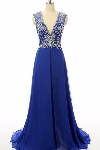 Royal Blue Prom Dress, Floor Length Chiffon Prom Dress, A-line Prom Dress ,featuring Beaded Embellished Plunge V Sleeveless Bodice And Open Back