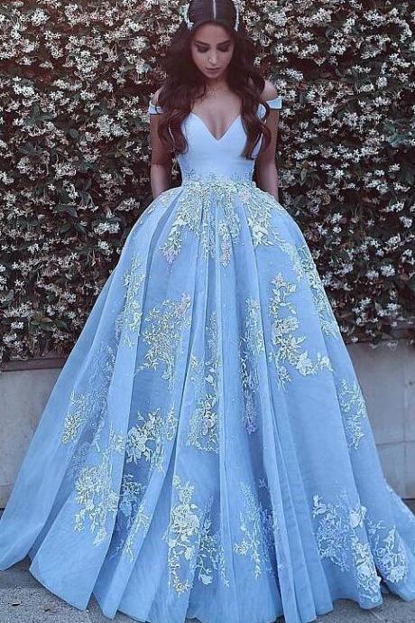 Beauty Prom Dresses,Sexy Prom Dress,Off-the-shoulder Prom Dress,Ball Gown Prom Dresses,Formal Evening Dresses, Blue Prom Dresses With Lace Appliques,Long Prom Dresses With Pocket,Quinceanera Dresses