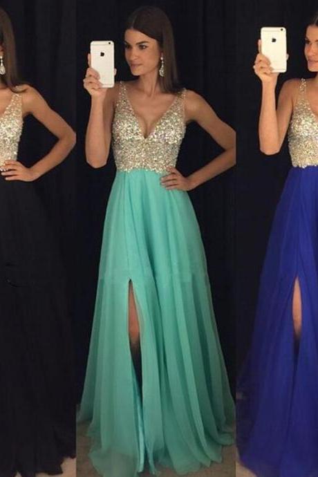 Sexy Beading Prom Dress,Cheap Modest Prom Dress,sparkly crystal beaded v neck open back long chiffon prom dresses 2017 pageant evening gowns with leg slit