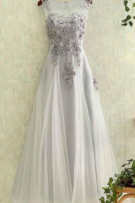 Round Neck Prom Dress,Cheap Prom Dress,Gray Prom Dresses,Tulle Prom Dress,A Line Evening Dresses,Lace Prom Dress,Applique Prom Gown,See-through Evening Gown,Long Prom Dresses